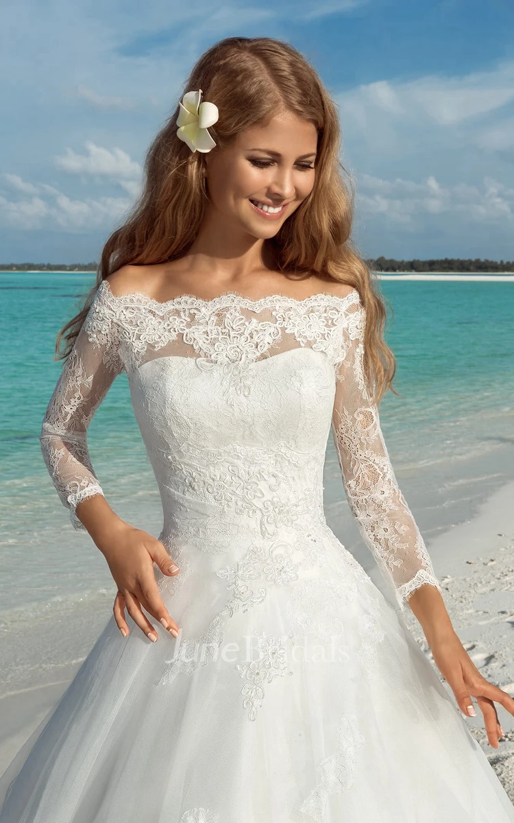 A-Line Long Off-The-Shoulder T-Shirt-Sleeve Lace-Up Organza Dress With Appliques