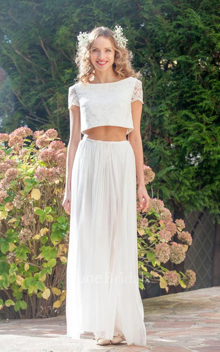 Two Piece Bateau Anckle-Length Chiffon Wedding Dress With Split Front And Pleats
