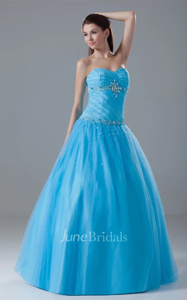 Sweetheart Jeweled Ball Gown with Ruching and Corset Back