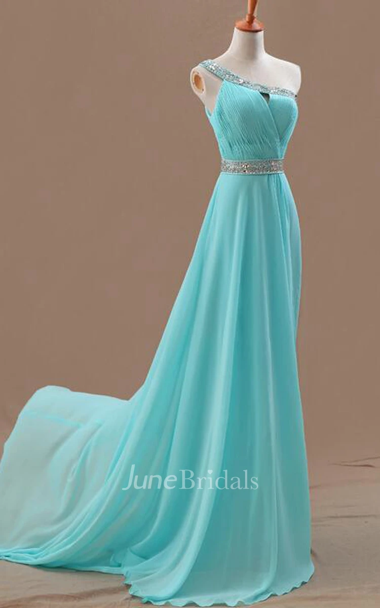 One-shoulder Long A-line Chiffon Wedding Dress With Ruching And Beading