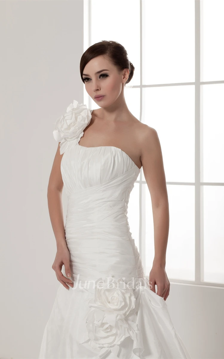 One-Shoulder Ruched A-Line Gown with Flower and Single Strap