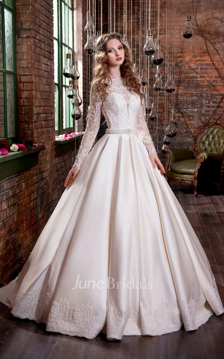 Ball Gown Floor-Length Jewel Long-Sleeve Corset-Back Satin Dress With  Appliques - June Bridals