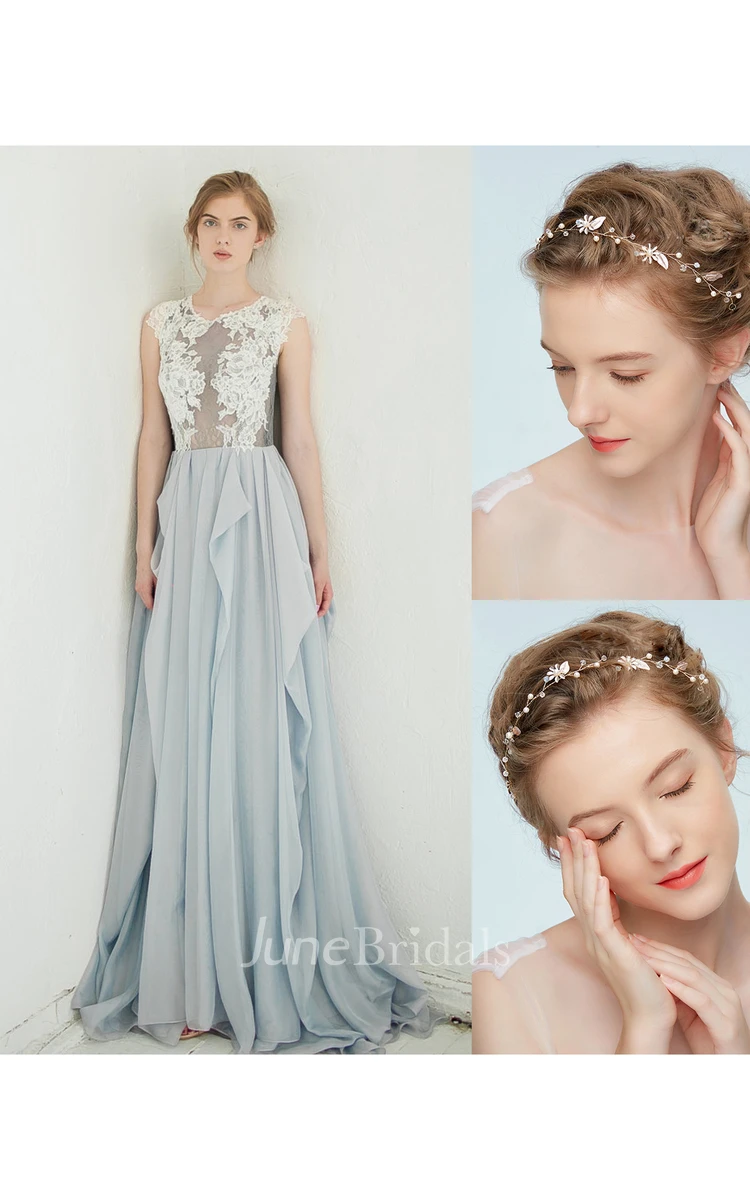 Jewel-Neck Sleeveless A-Line Chiffon Draped Dress and Vintage Gold Leafy Blonde Hair Holiday Hair Accessories
