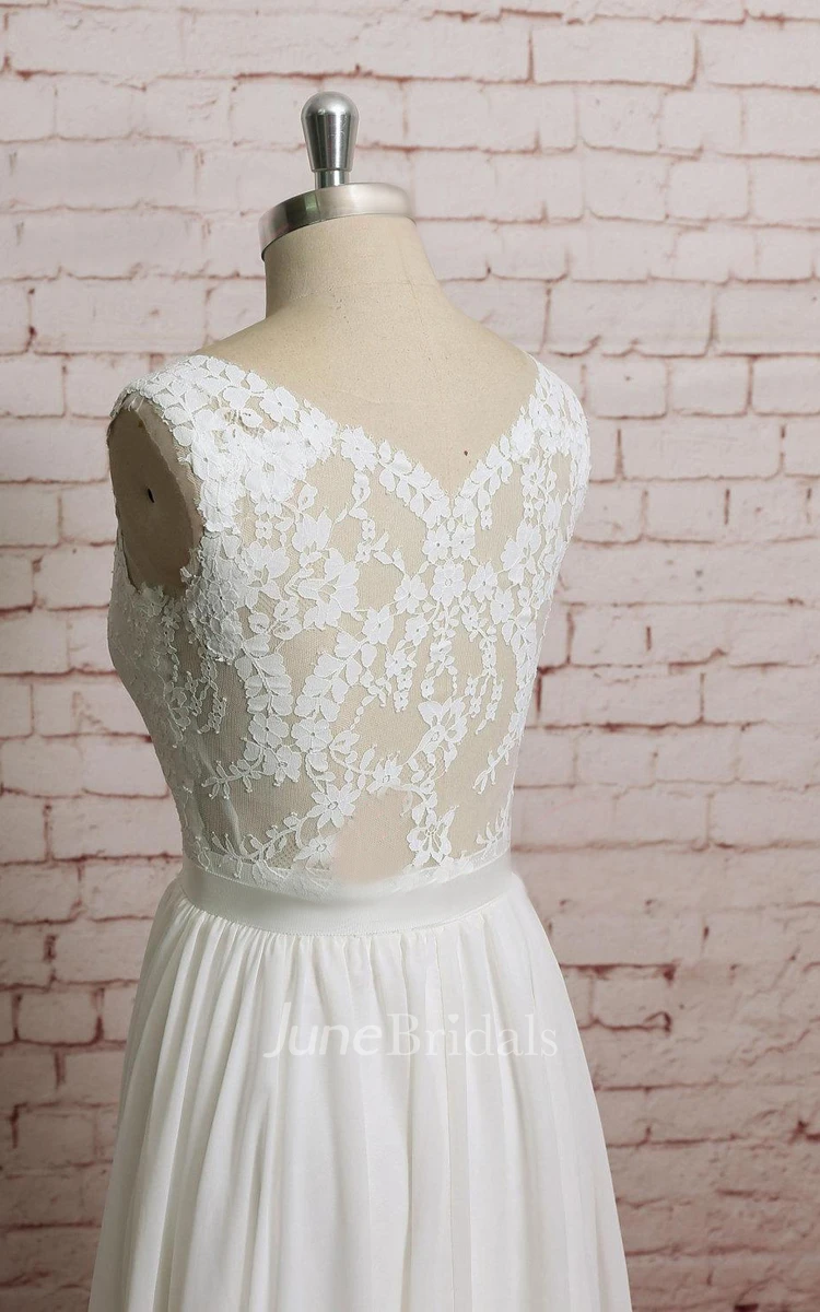 V Shape Lace-Neckline Sheer Lace Back A-Line Style Chiffon Wedding Dress With Waistband