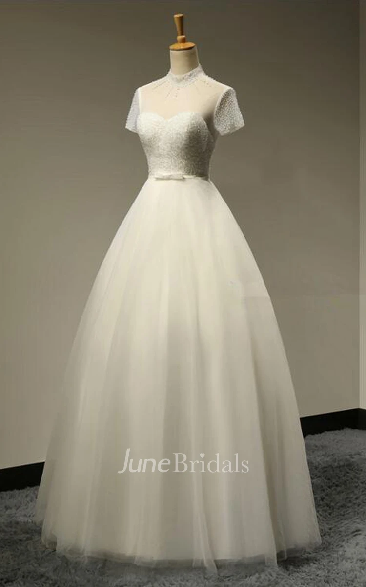 High Neck A-line Tulle Wedding Dress With Short Sleeves And Beaded Bodice