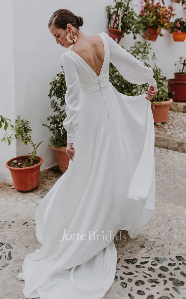 V-neck A-Line Chiffon Romantic Wedding Dress With Button Back And Ruching