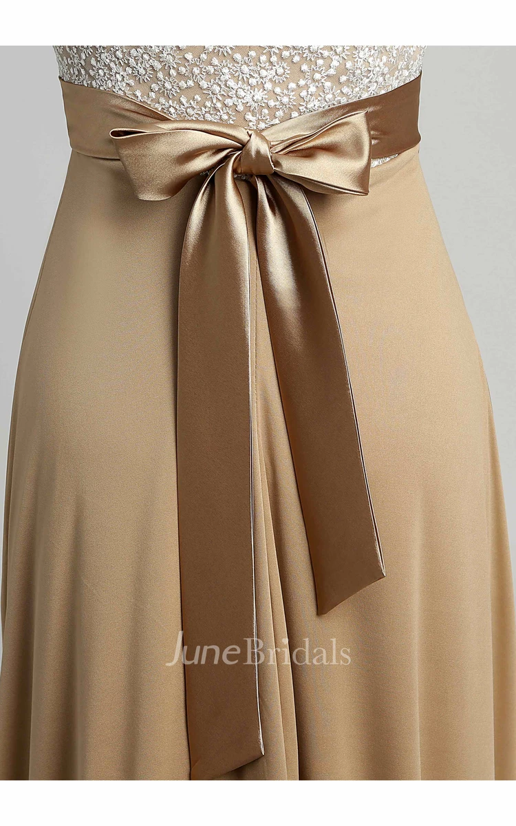 Floor-length A-line Bateau Cap Short Sleeve Illusion Jersey Lace Maternity Dress