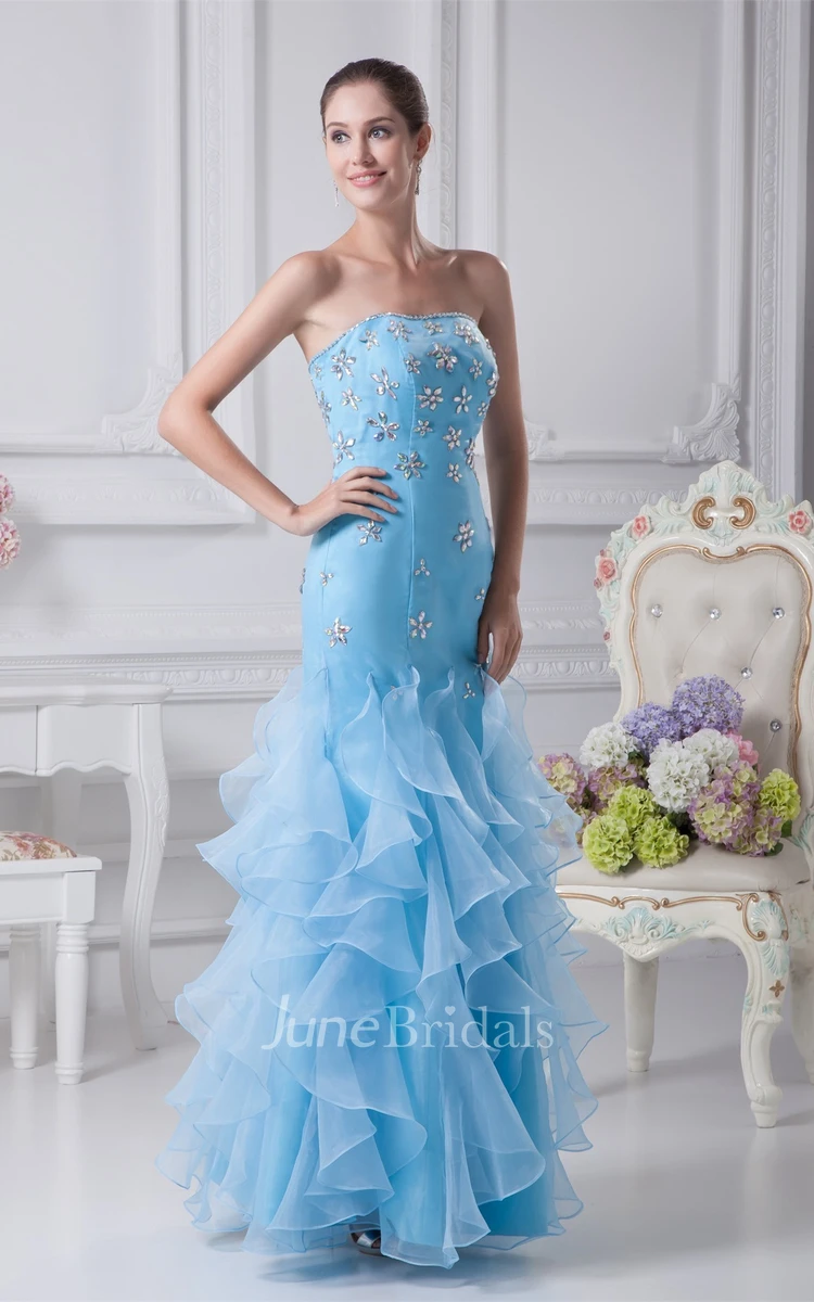 Strapless Column Maxi Dress with Rhinestone and Cascading Ruffles