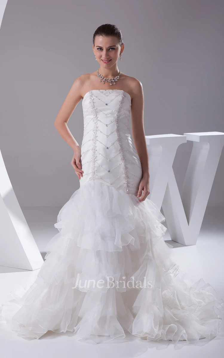 Strapless A-Line Tulle Dress With Ruffles and Beading