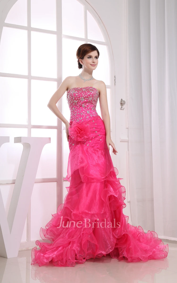 Strapless Beaded Sheath Dress With Ruffles and Brush Train