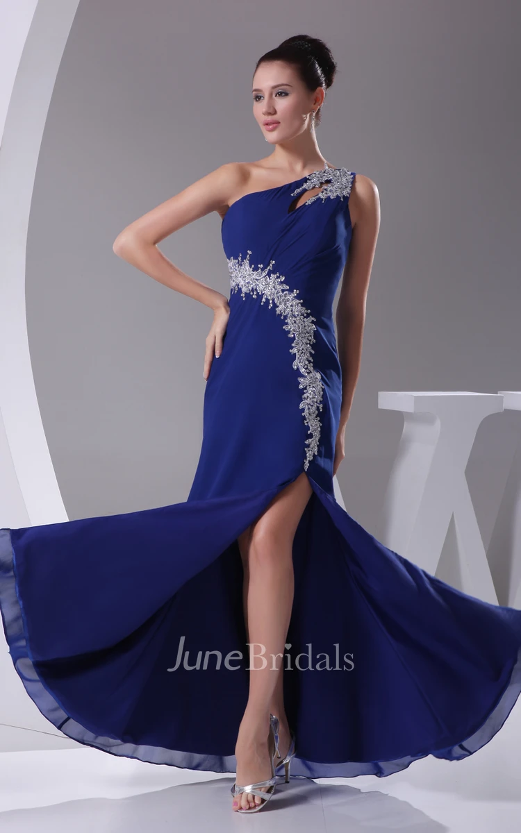 One-Shoulder Front-Split Chiffon Dress With Beading and Keyhole