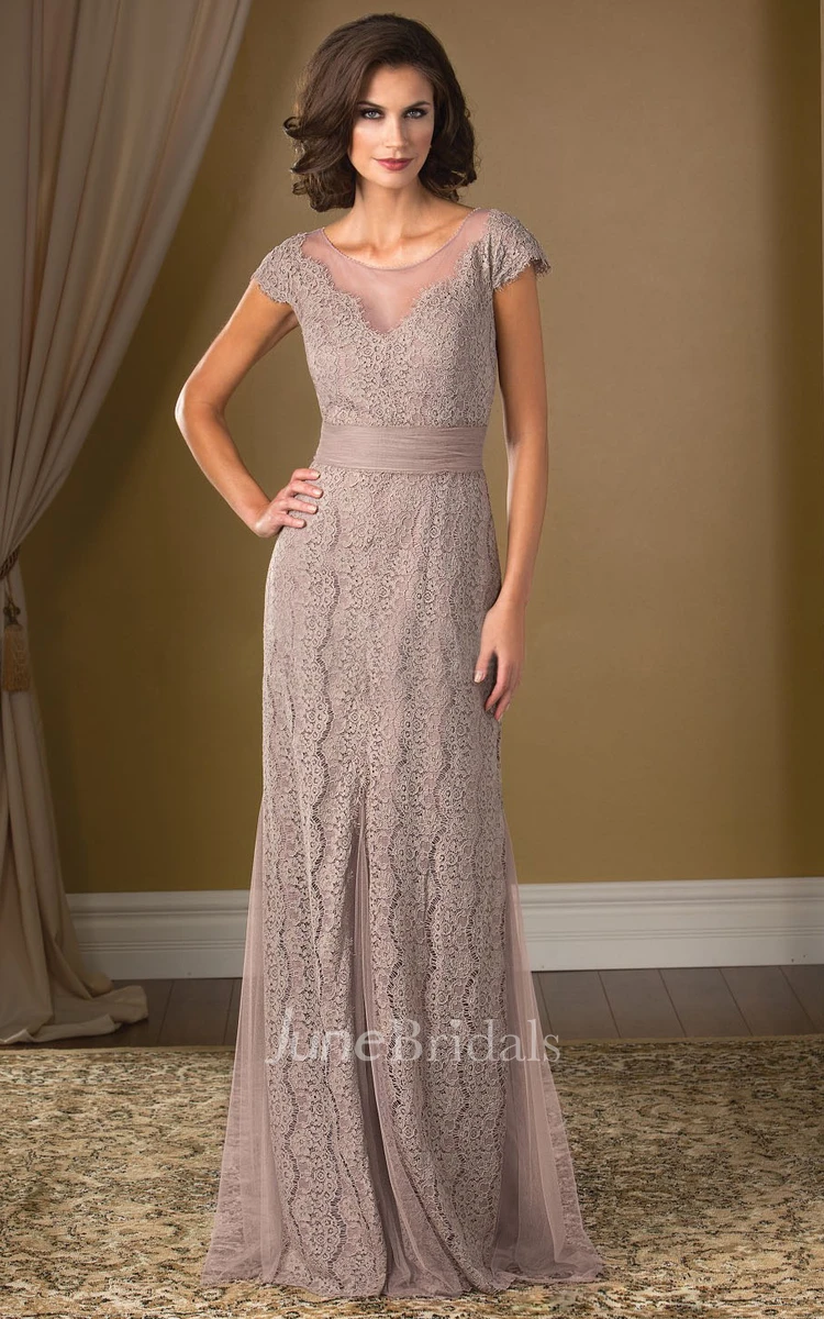 Cap-Sleeved Long Lace Mother of the Bride Dress With Illusion Back