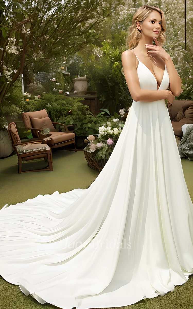 Garden Beach A-Line Spaghetti Straps Satin Wedding Dress Elopement Sexy Plunging Neck Sleeveless Lace Back Bridal Gown with Train