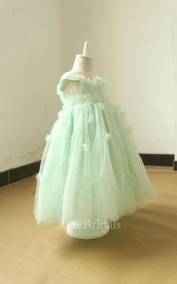 Mint Flower Girl With Handmade Flowers And Pearls Dress