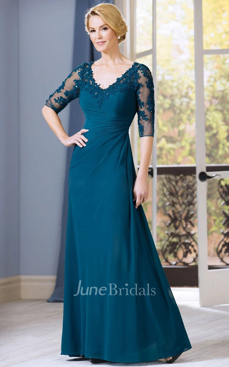side-draped Illusion Half Sleeve Jersey Mother of the Bride Dress With Appliques