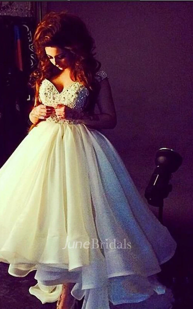 Sexy Off-the-shoulder Hi-Lo Princess Prom Dress Ruffles Crystals