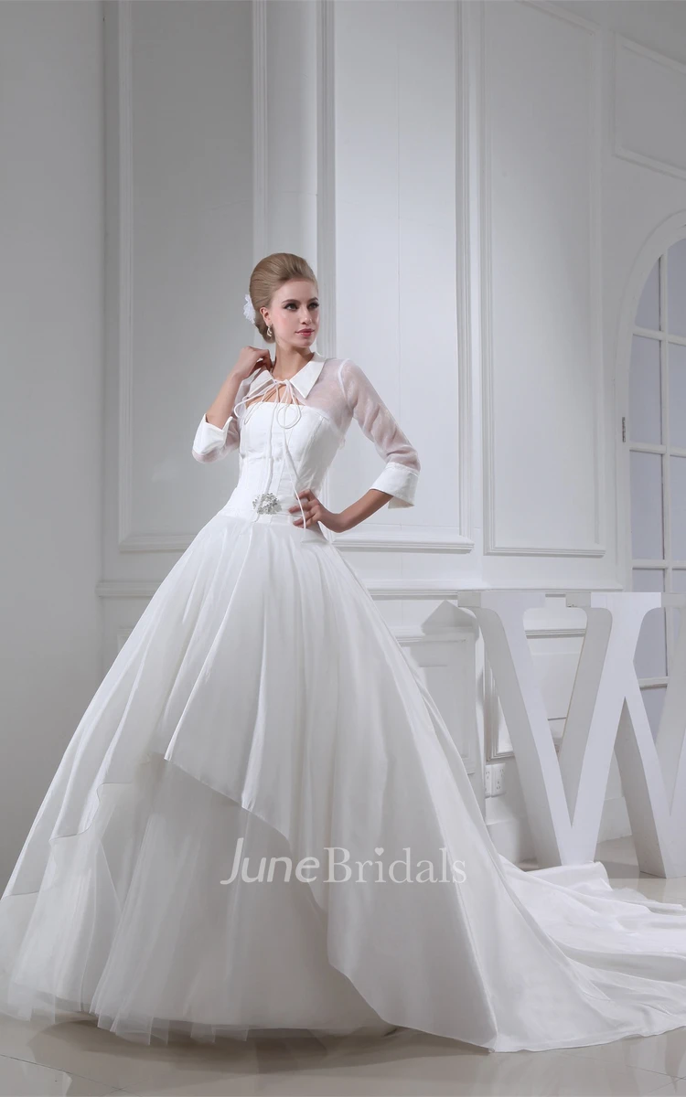 Ruched A-Line Collared Ball Gown with Broach and Illusion Sleeve