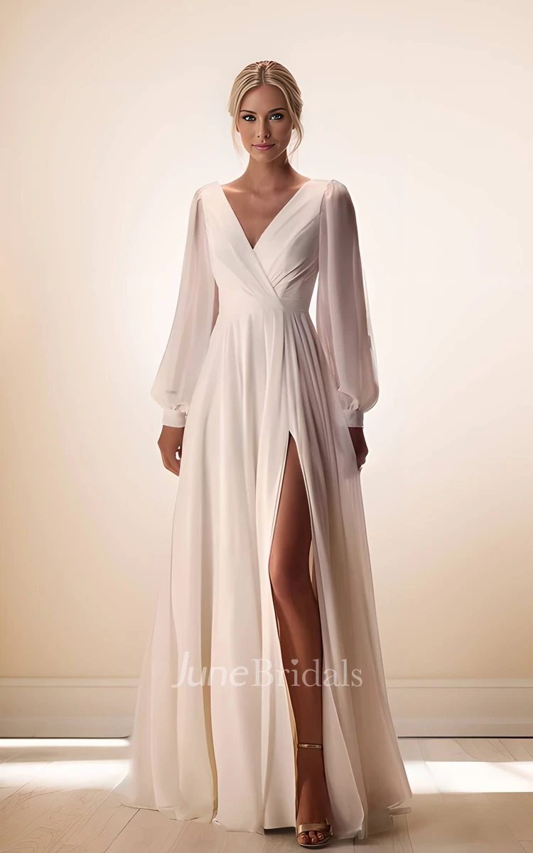 Simple Elegant Puff Long Sleeve Spring A-Line Maxi Wedding Dress Modern Minimalist Chiffon V-Neck Split Front Ruching Floor Garden Civil Courthouse Bridal Gown