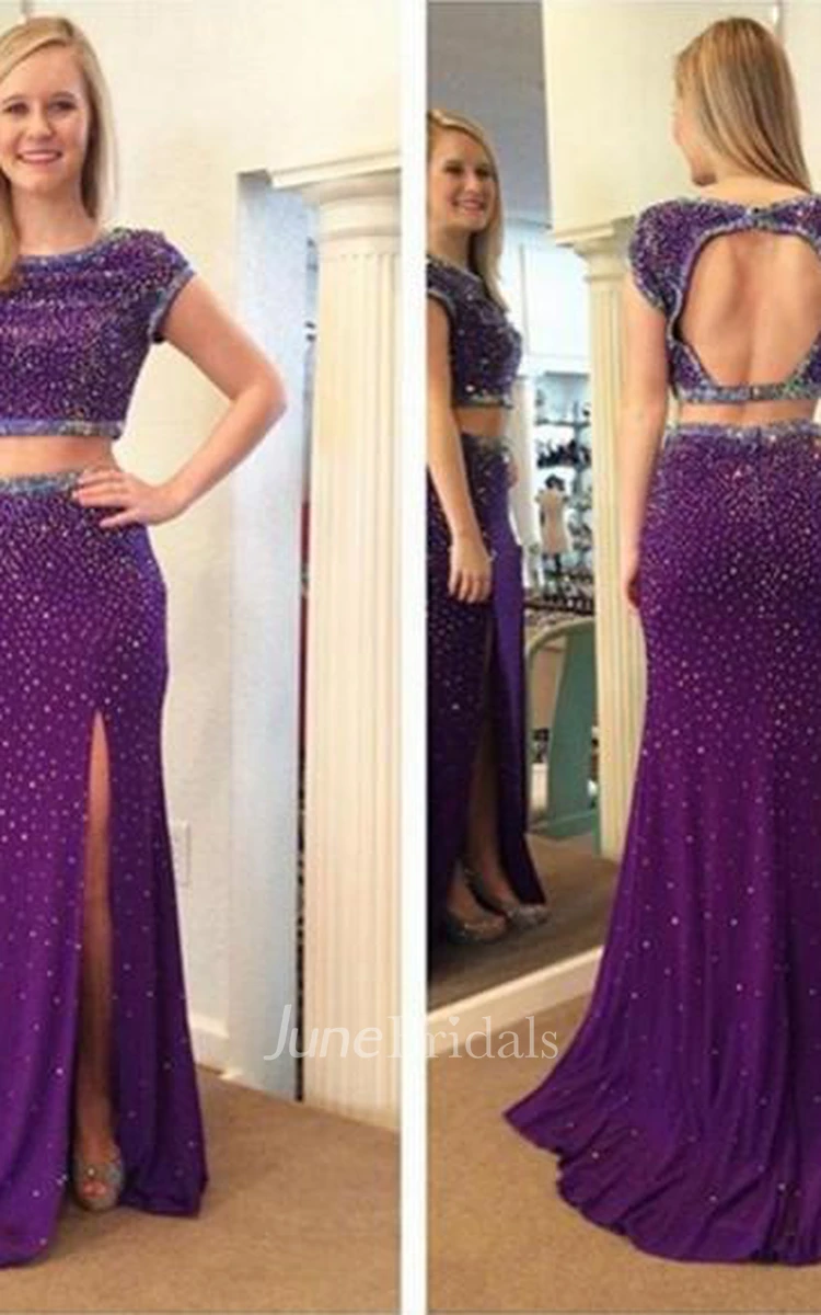 Stunning Two Piece Beadings Front Split Prom Dress Short Sleeve Sweep Train