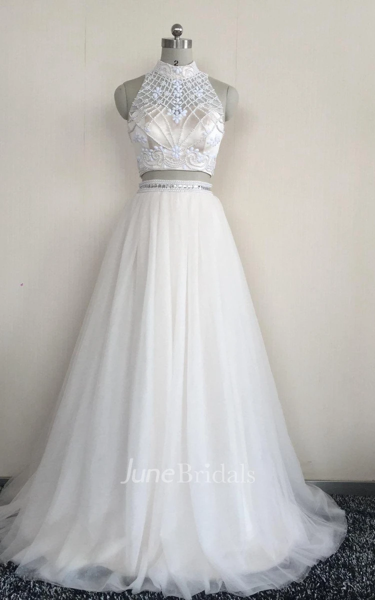 Two Piece High Neck Sleeveless Tulle Dress With Beading