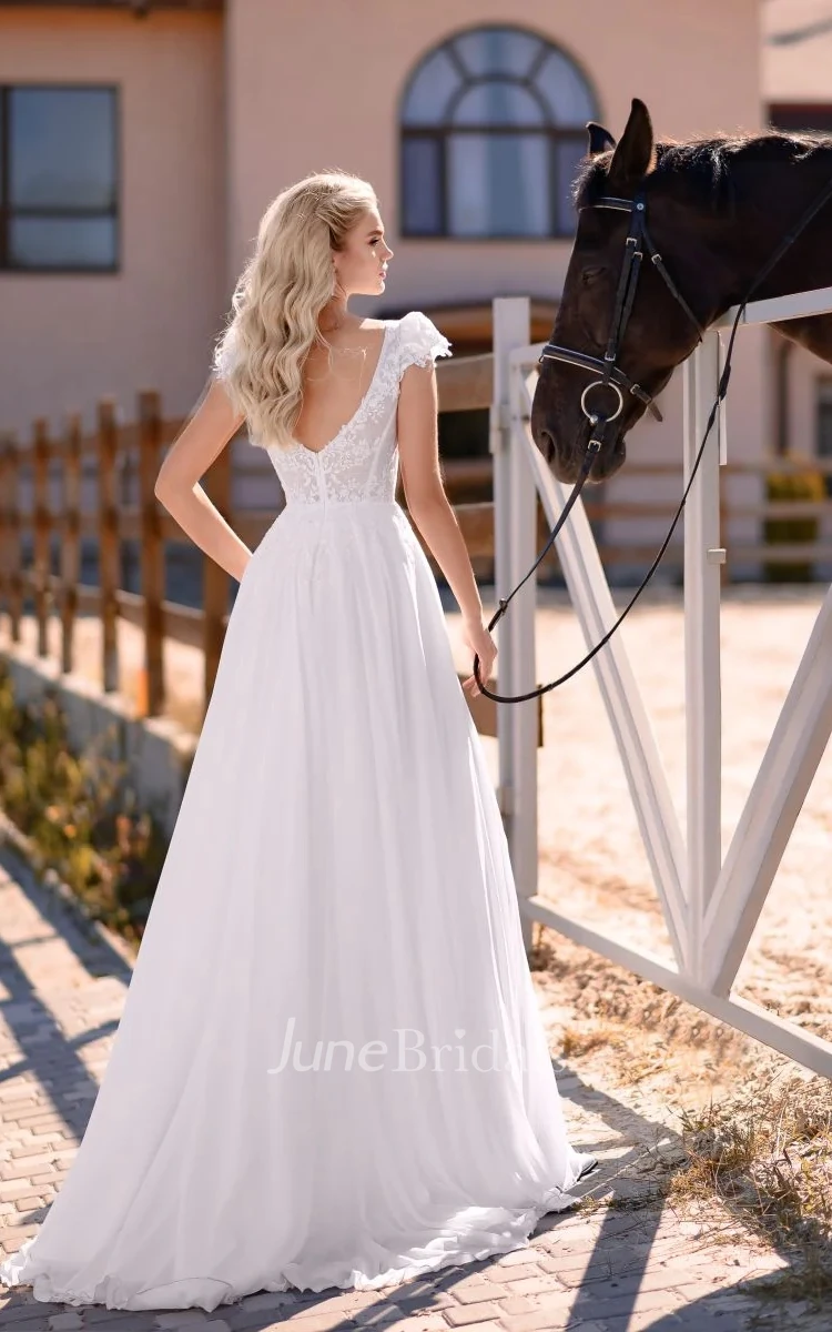 A-Line Sexy Front and Back Deep V-Neck Chiffon Adorable Floor Length Wedding Dress With Applique