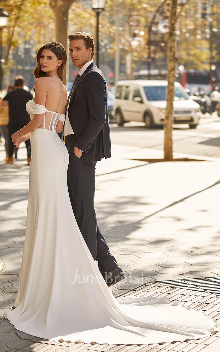 Simple Mermaid Off-the-shoulder Chiffon Wedding Dress With Open Back And Court Train