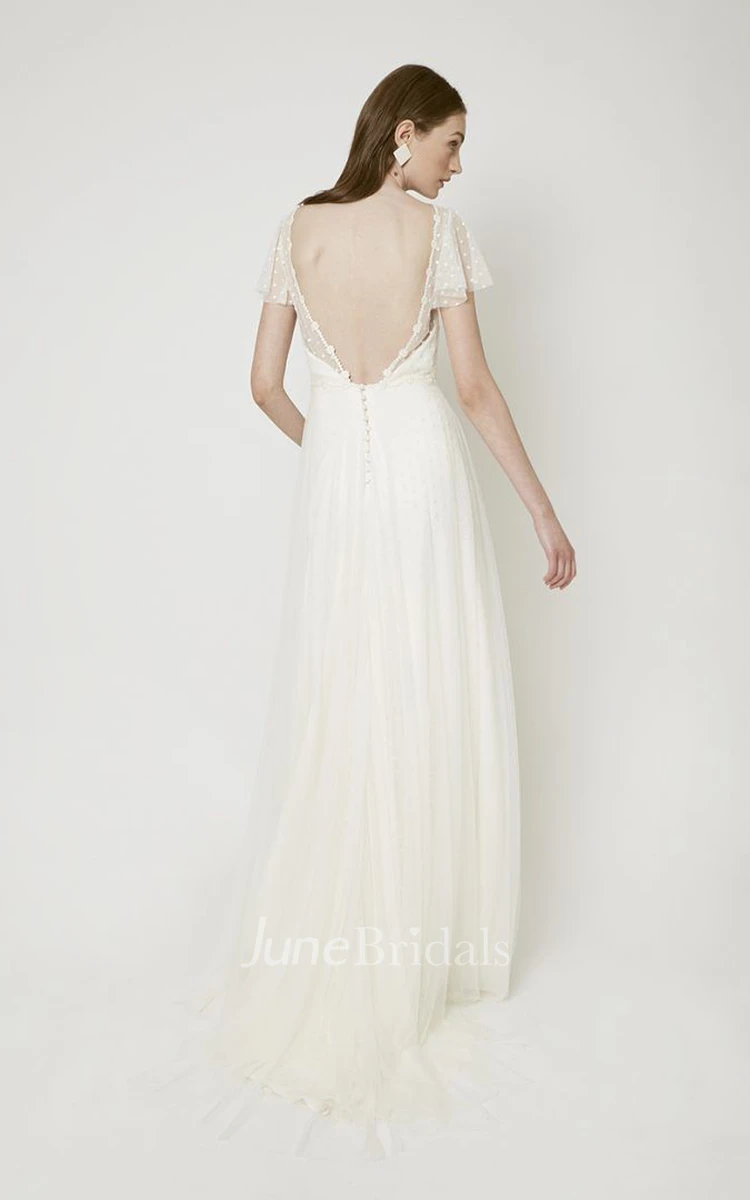 Elegant Illusion Short Sleeve Wedding Dress With Open Back