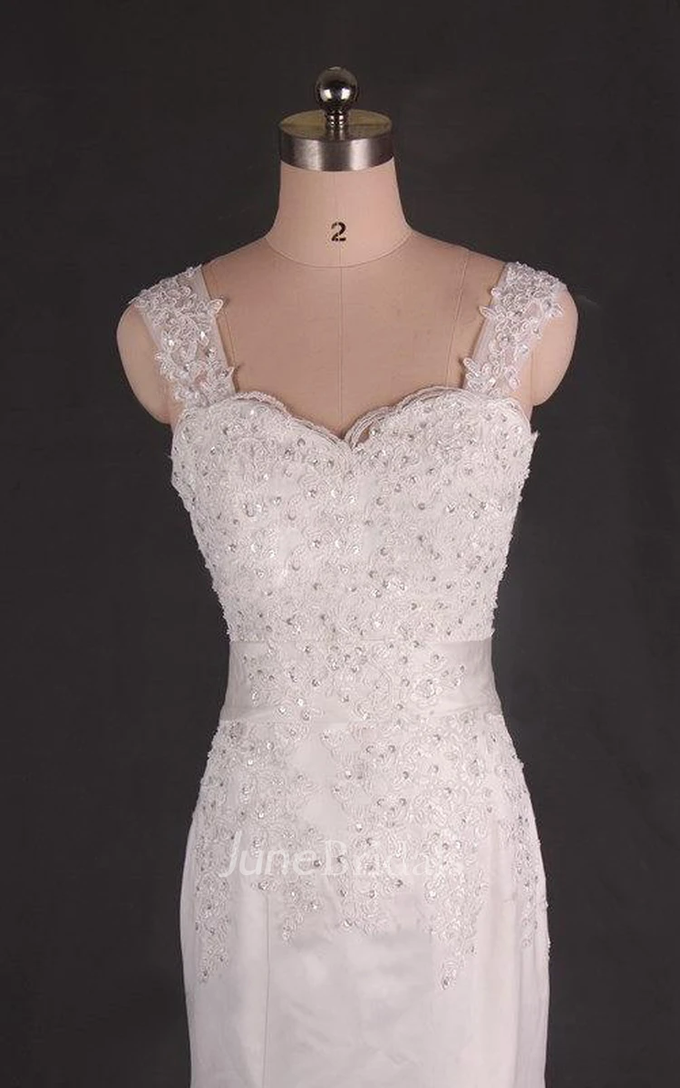 Straps Mermaid Long Satin Wedding Dress With Crystal Detailing And Sash