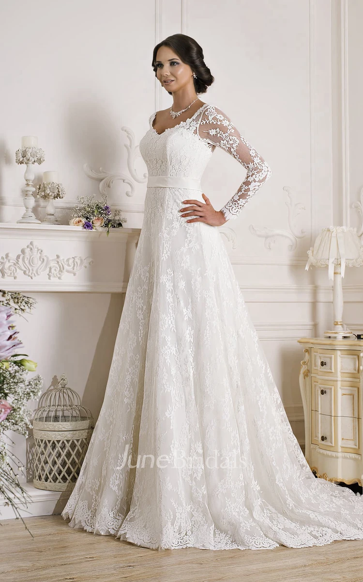 A-Line Floor-Length V-Neck Illusion-Sleeve Corset-Back Lace Dress With  Appliques And Bow - June Bridals