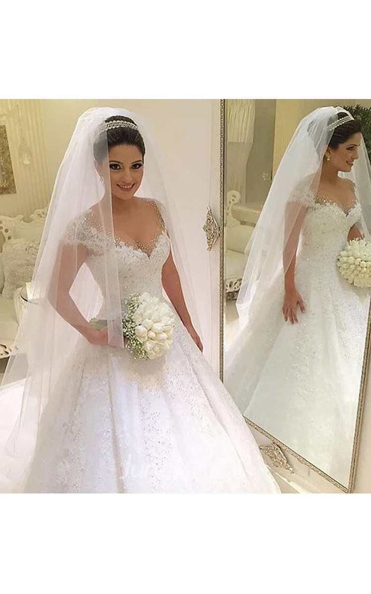 Newest V-neck Tulle Lace Appliques Wedding Dress Ball Gown Beadings Court Train