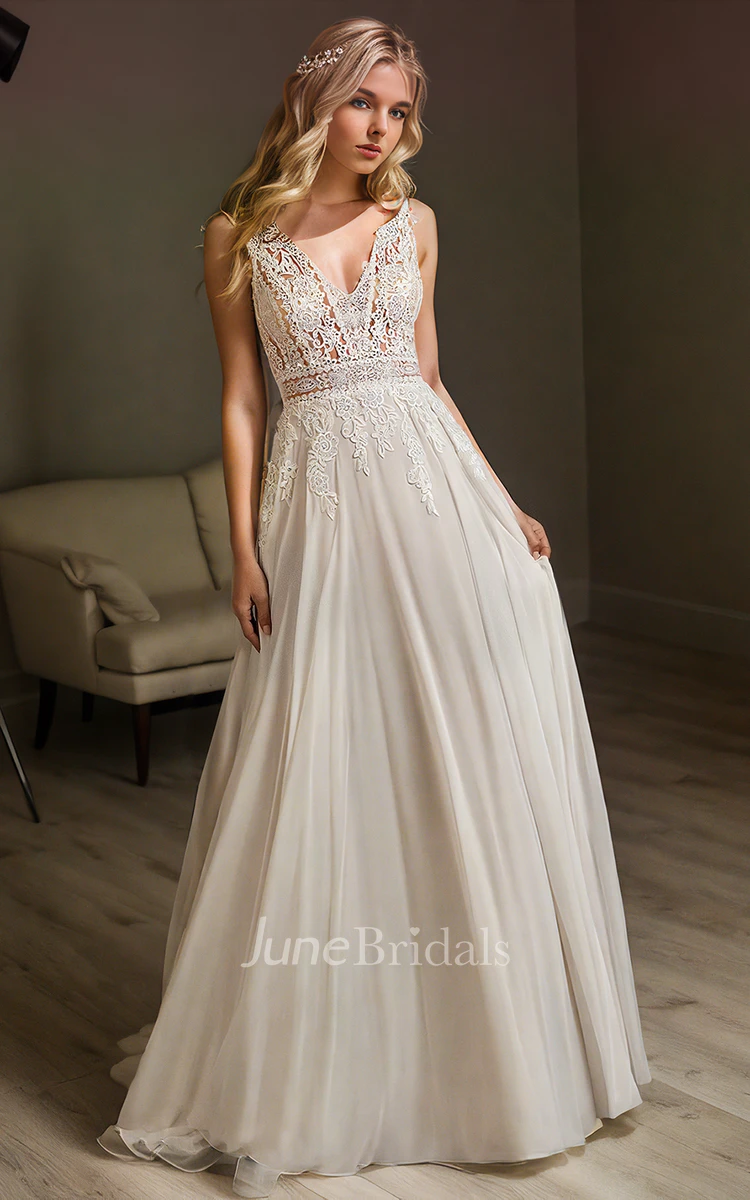 Bohemian Beach A-Line V-neck Flower Lace Sleeveless Floor-length Wedding Dress with Keyhole Back