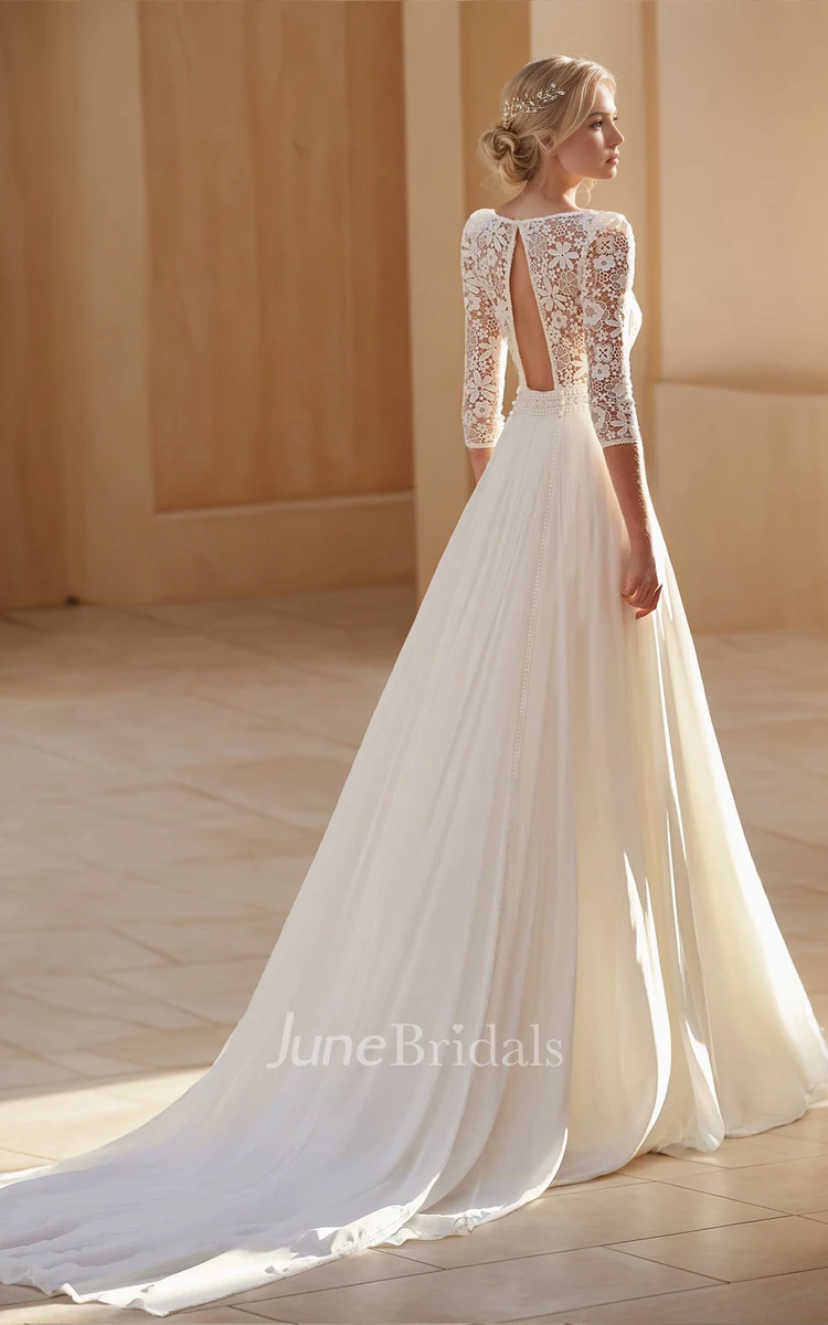 Elegant Vintage Square Neck A-Line Chiffon Lace Wedding Dress Ethereal Romantic Long Sleeve Floor-length Backless Bridal Gown with Sash