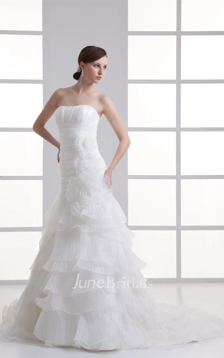 strapless a-line ball tiered gown with floral embellishment