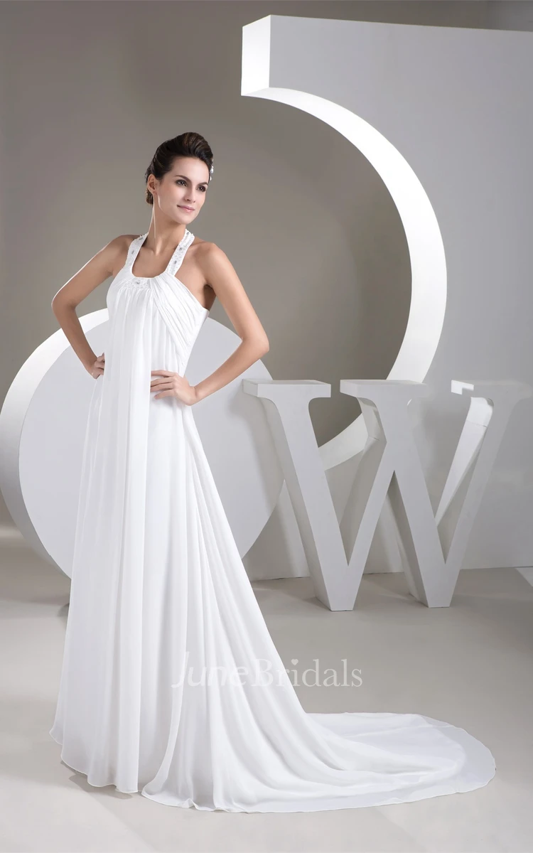 Sleeveless Chiffon Empire Dress with Beading and Halter