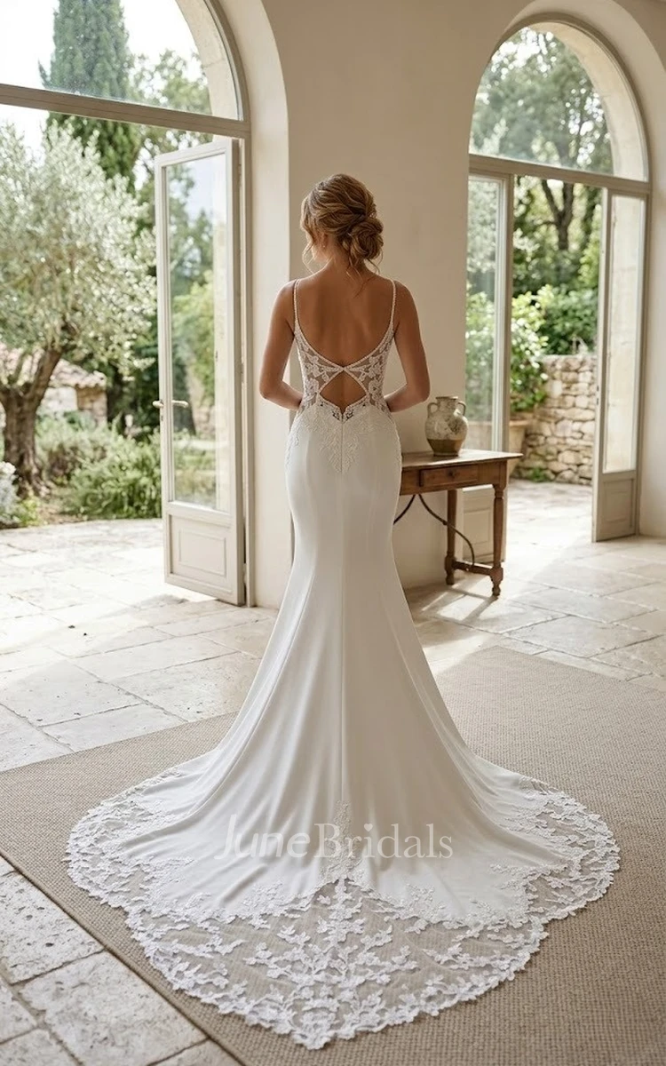Modern Spaghetti Strap Wedding Dress Mermaid Floral Lace Gown with Illusion Keyhole Back