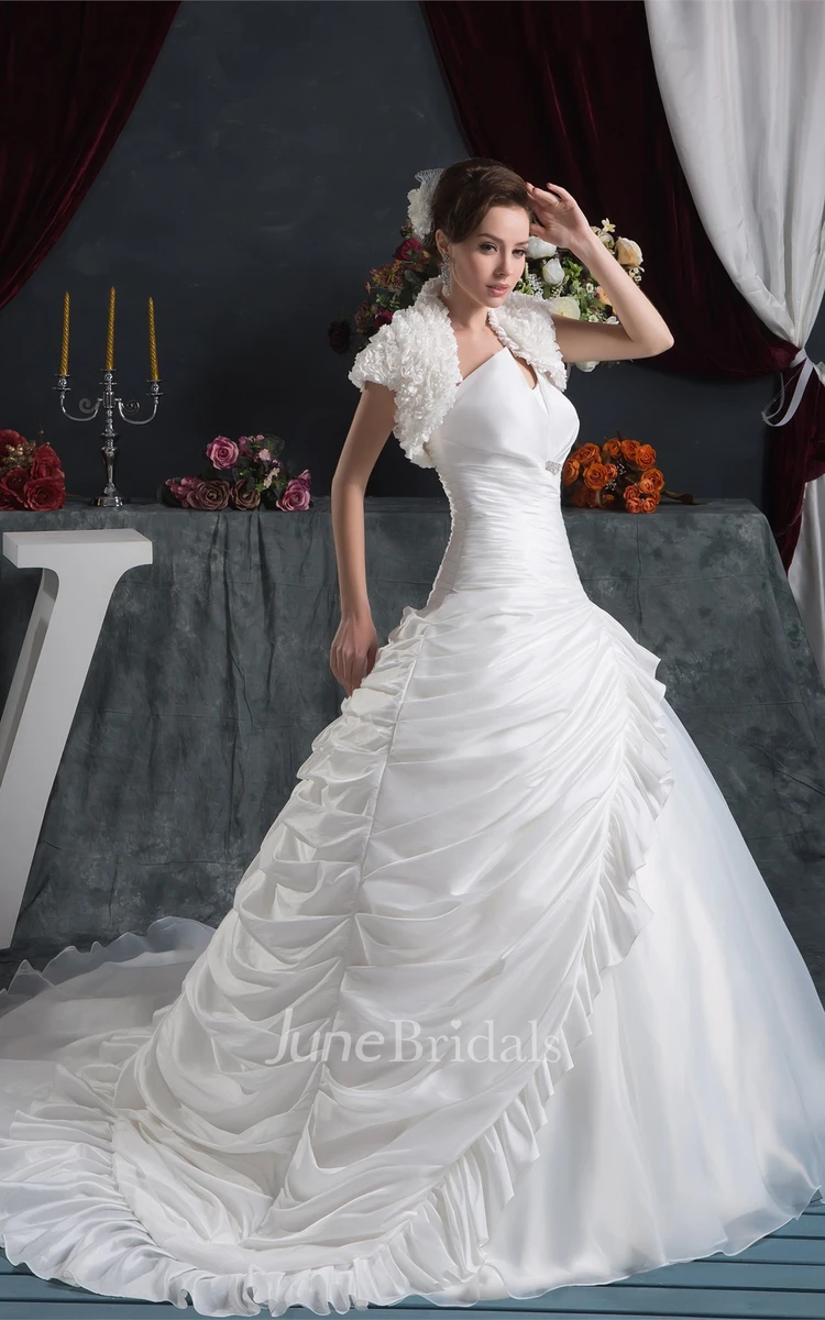 Strapless Side-Ruched Ball Gown with Broach and Flower