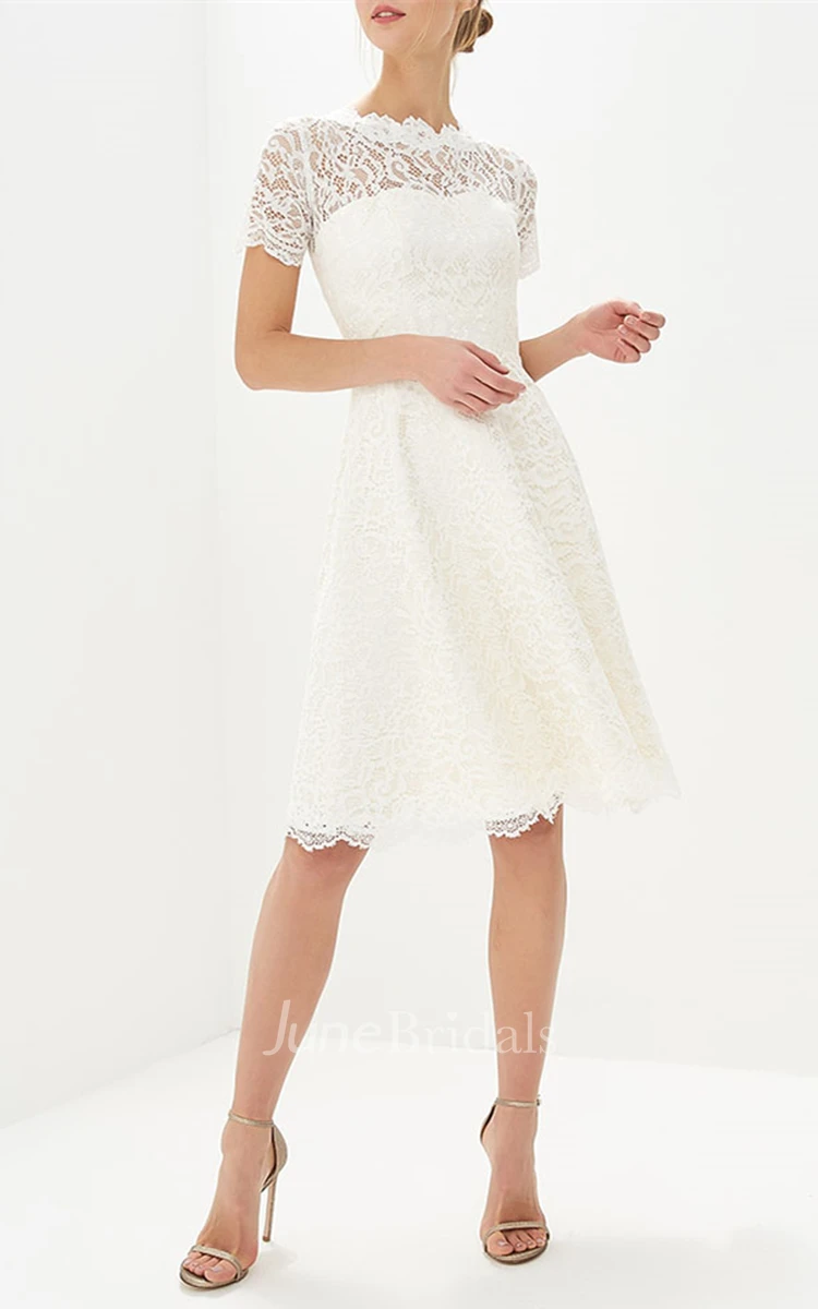 Knee-length Vintage A Line Jewel Neck Lace Bridal Gown