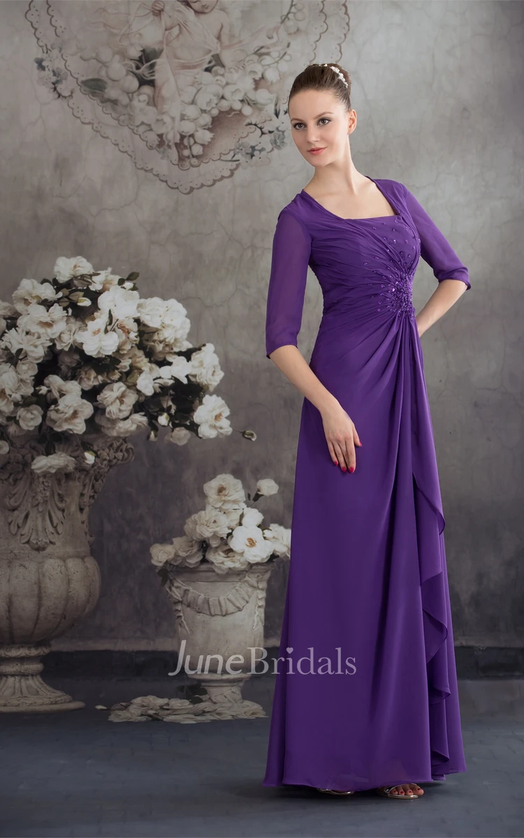 Square-Neck Half-Sleeve Chiffon Maxi Dress with Central Ruching and Beading