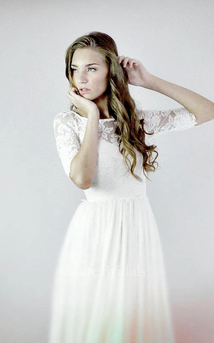 Modest Half Sleeves Button Back A-Line Chiffon Wedding Dress With Lace And Pleats