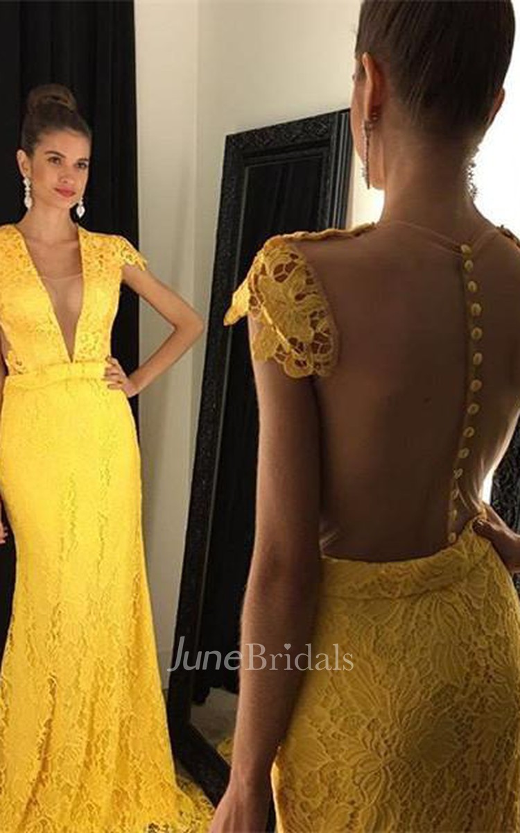 Yellow long sleeve lace best sale prom dress