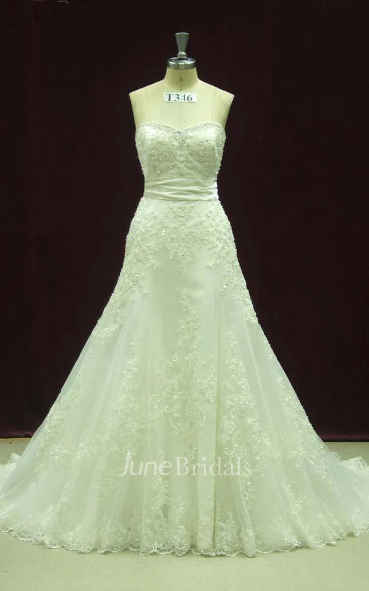 Sweetheart Button Back Long Chiffon Wedding Dress With Sash And Appliques