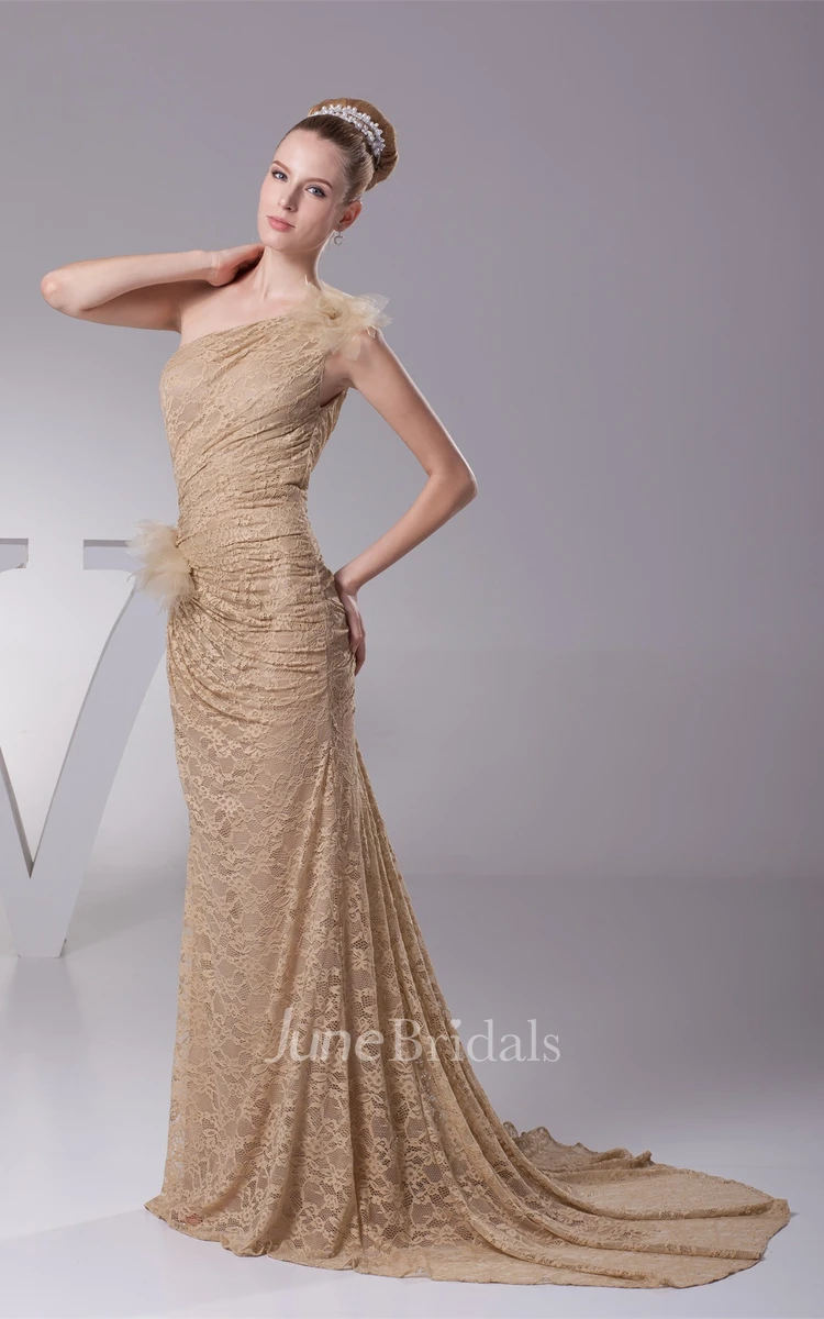 One-Shoulder Lace Sheath Dress with Flower and Side Ruching