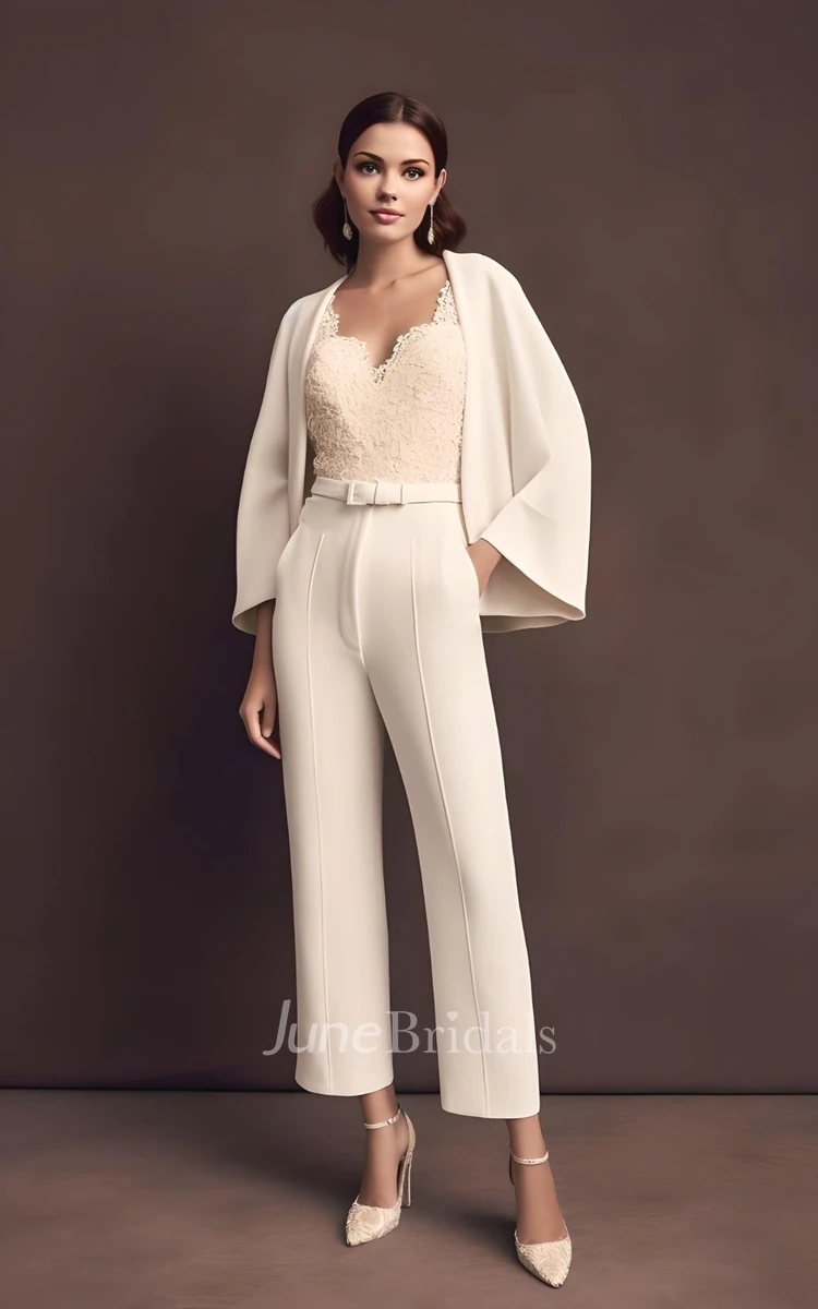 2024 Chiffon Long Sleeve Wedding Jumpsuit Scalloped V-neck Beach Country Garden Court Ankle-length Modest Elegant Modern