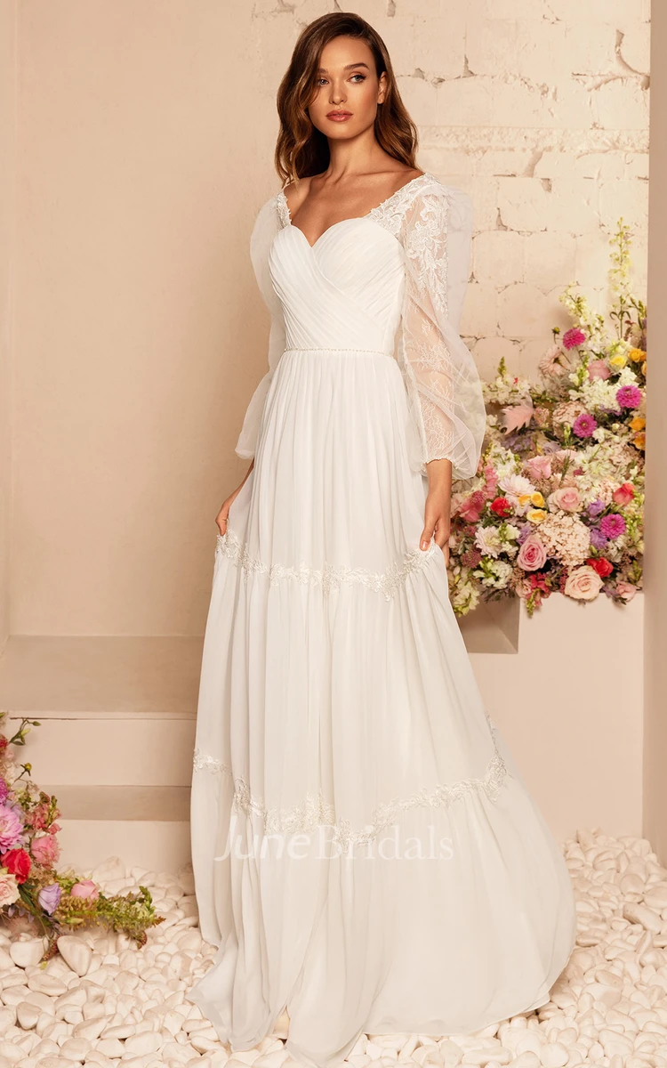 Floral Lace Chiffon Sweetheart A-Line Bridal Gown with Illusion Short  Sleeves