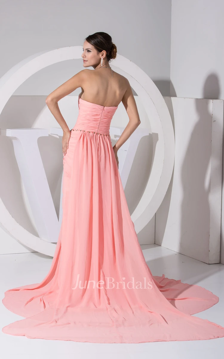 Strapless Front-Split Chiffon Dress With Beaded Top