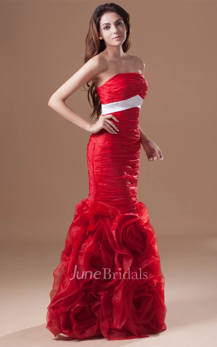 strapless mermaid organza dress with floral skirt and ruching
