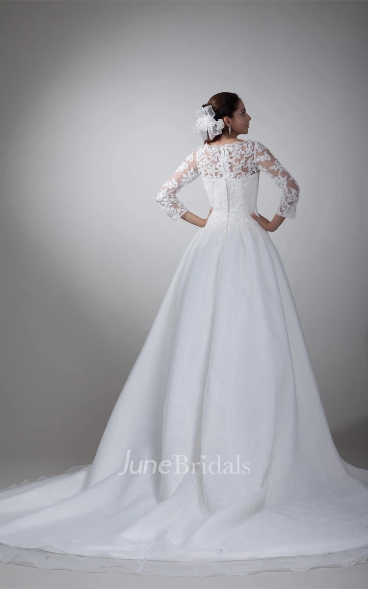 A-Line Pleated Lace Ball Gown with Illusion Long Sleeves