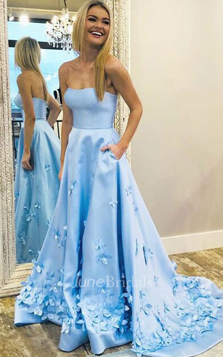 Casual A Line Satin Strapless Sweetheart Sleeveless Prom Dress with Pockets