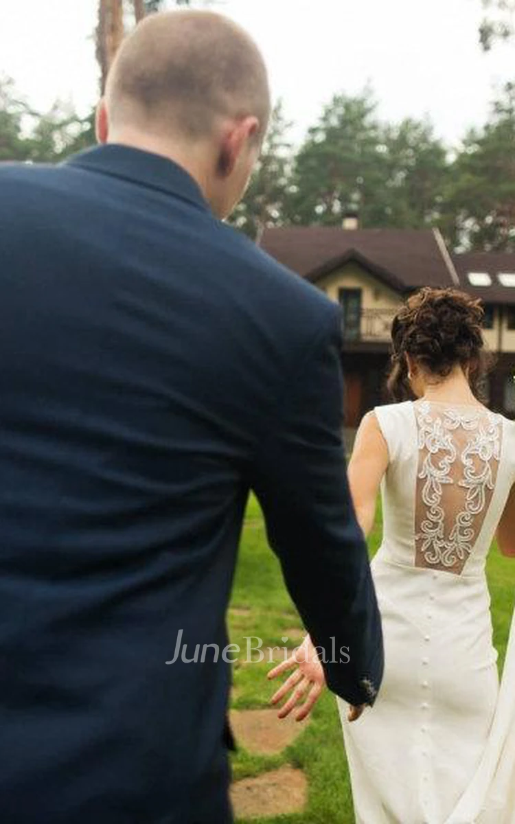 Simple Crepe Open Back Wedding Dress With Unique Handmade Embellishment