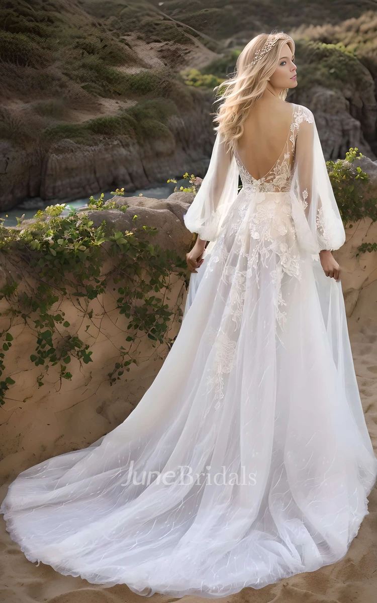 Western Floral Boho A-Line Long Sleeve Wedding Dress Elegant Flowy Beach Garden V-Neck Backless Lace Bridal Gown with Train